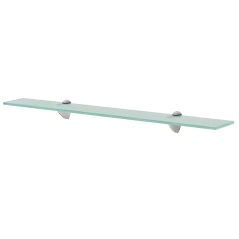 Étagère murale en verre transparent avec deux supports, installée au-dessus d’une vasque de salle de bain.