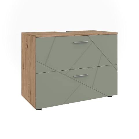 Meuble sous vasque vert sauge à deux tiroirs installé sous une vasque en pierre claire.