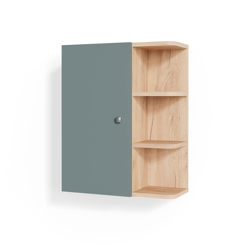 Armoire murale Vicco Fynn verte avec porte et compartiments ouverts, installée au-dessus d’une vasque claire.