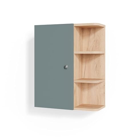Armoire murale Vicco Fynn verte avec porte et compartiments ouverts, installée au-dessus d’une vasque claire.