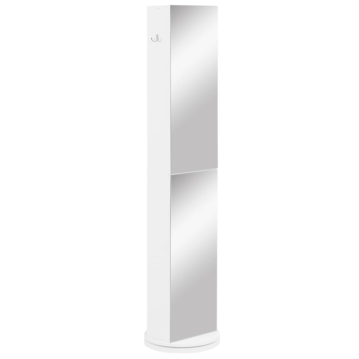 Colonne blanche de salle de bain avec miroir frontal, rangement vertical et base pivotante