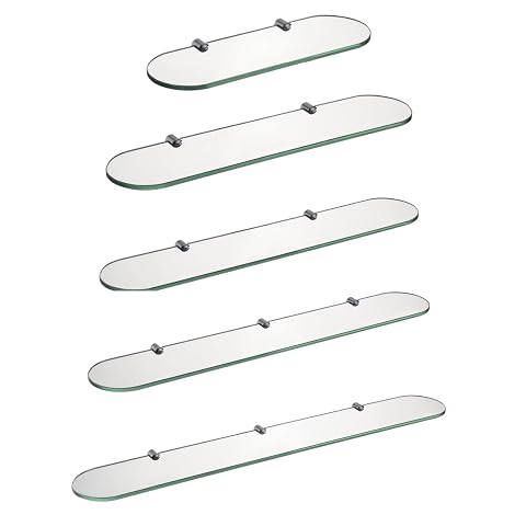 Étagère murale en verre trempé avec deux supports chromés au-dessus d’une vasque claire
