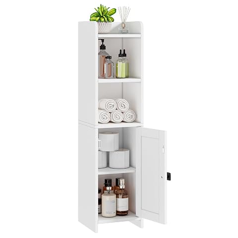 Armoire d’angle blanche et compacte posée au sol dans une salle de bain lumineuse