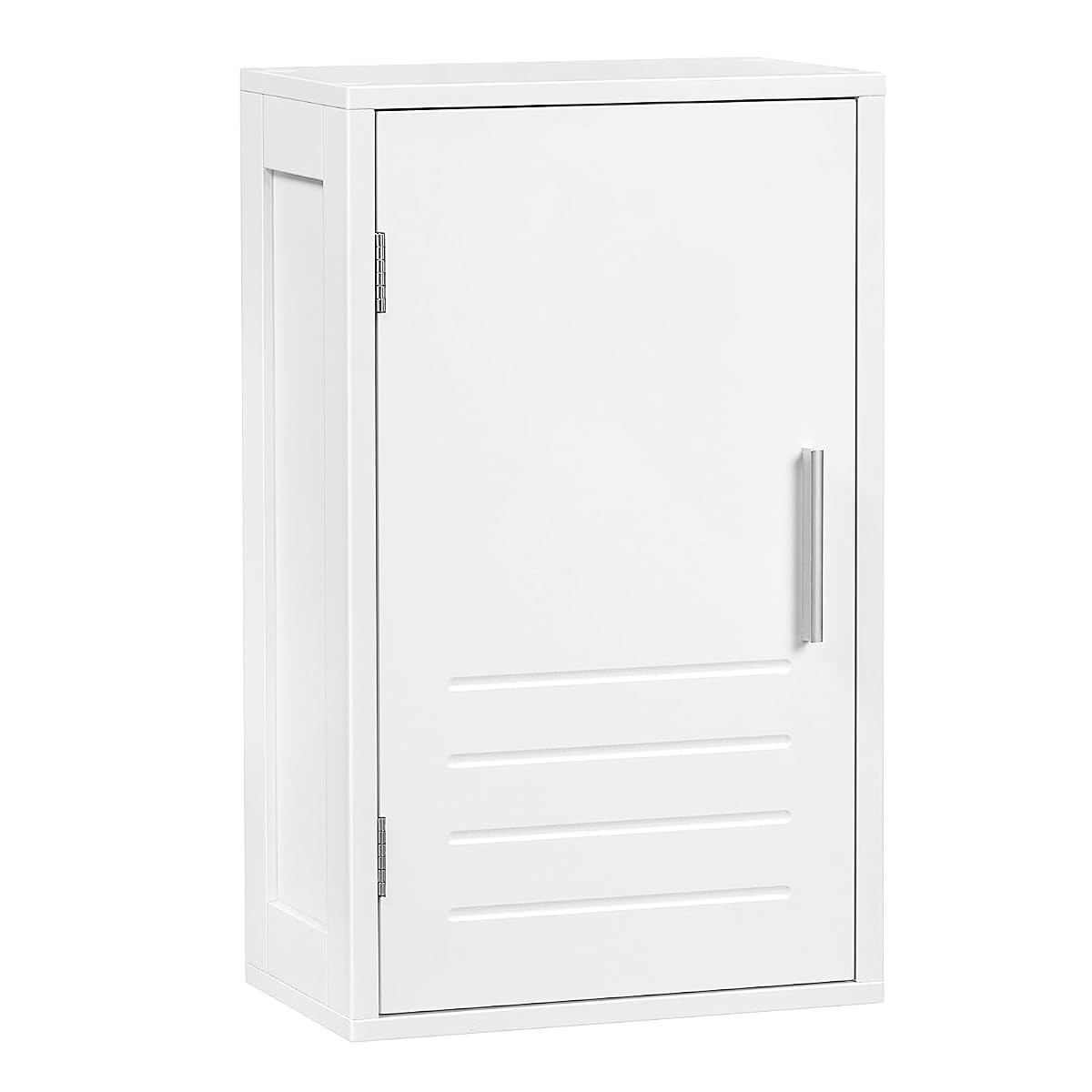 Armoire murale blanche compacte à une porte, installée au-dessus d’une vasque en pierre claire.