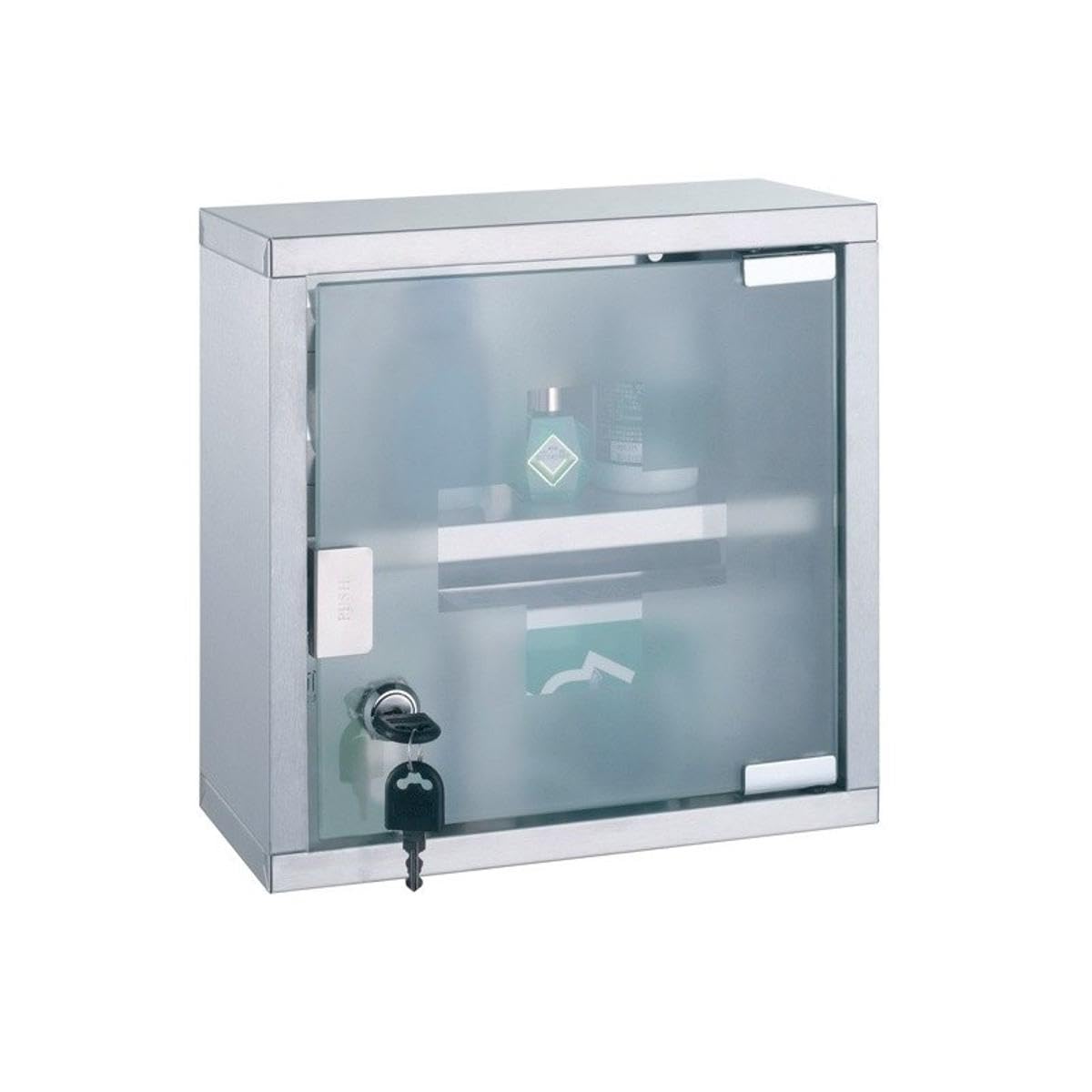Petite armoire à pharmacie blanche en acier inoxydable et verre dans une salle de bain claire.
