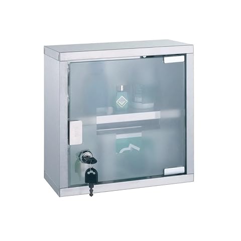 Petite armoire à pharmacie blanche en acier inoxydable et verre dans une salle de bain claire.