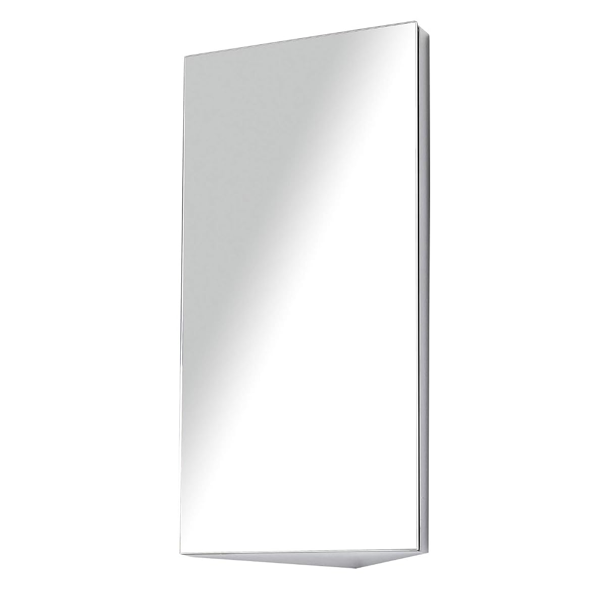 Armoire miroir murale grise à deux étagères, installée dans l’angle d’une salle de bain lumineuse.
