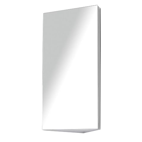 Armoire miroir murale grise à deux étagères, installée dans l’angle d’une salle de bain lumineuse.