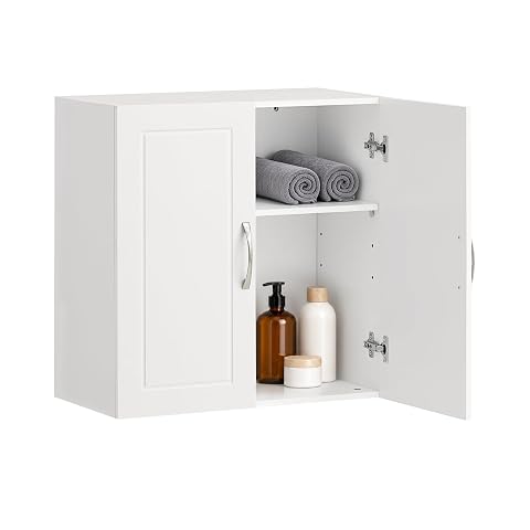 Armoire murale SoBuy à deux portes au-dessus d’une vasque en pierre claire dans une salle de bain lumineuse