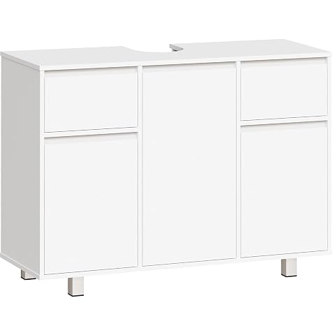 Meuble sous vasque blanc à deux tiroirs, trois portes et pieds métalliques dans une salle de bain claire.