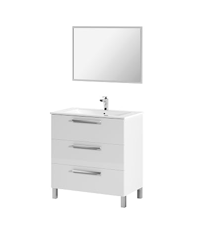 Meuble sous-vasque blanc brillant à trois tiroirs avec miroir assorti et pieds métalliques.