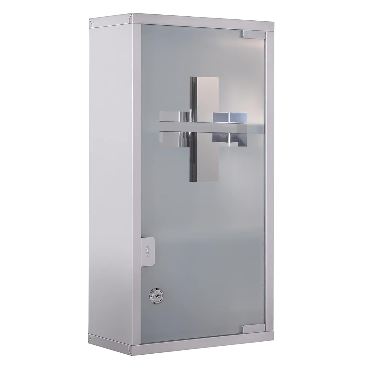 Armoire à pharmacie murale argentée avec porte dépolie et croix transparente, installée au-dessus d’une vasque claire.