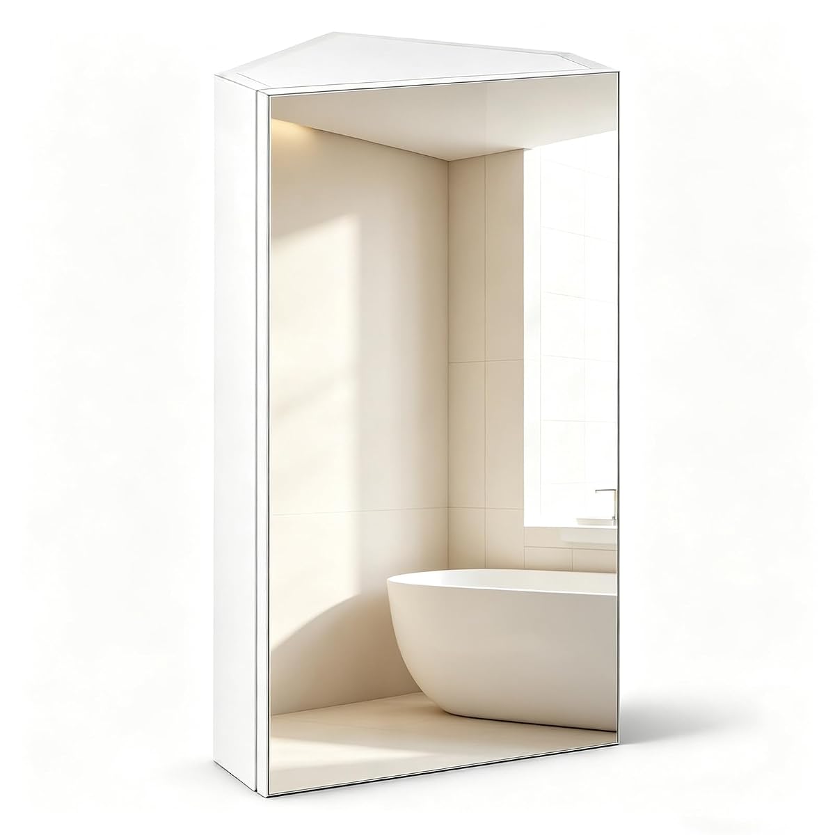 Armoire de toilette blanche d’angle avec porte miroir, installée au-dessus d’une vasque claire.