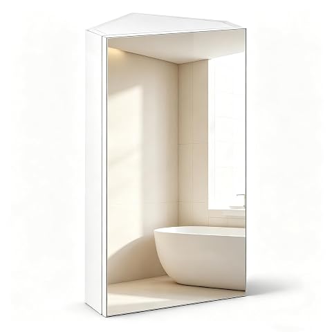 Armoire de toilette blanche d’angle avec porte miroir, installée au-dessus d’une vasque claire.