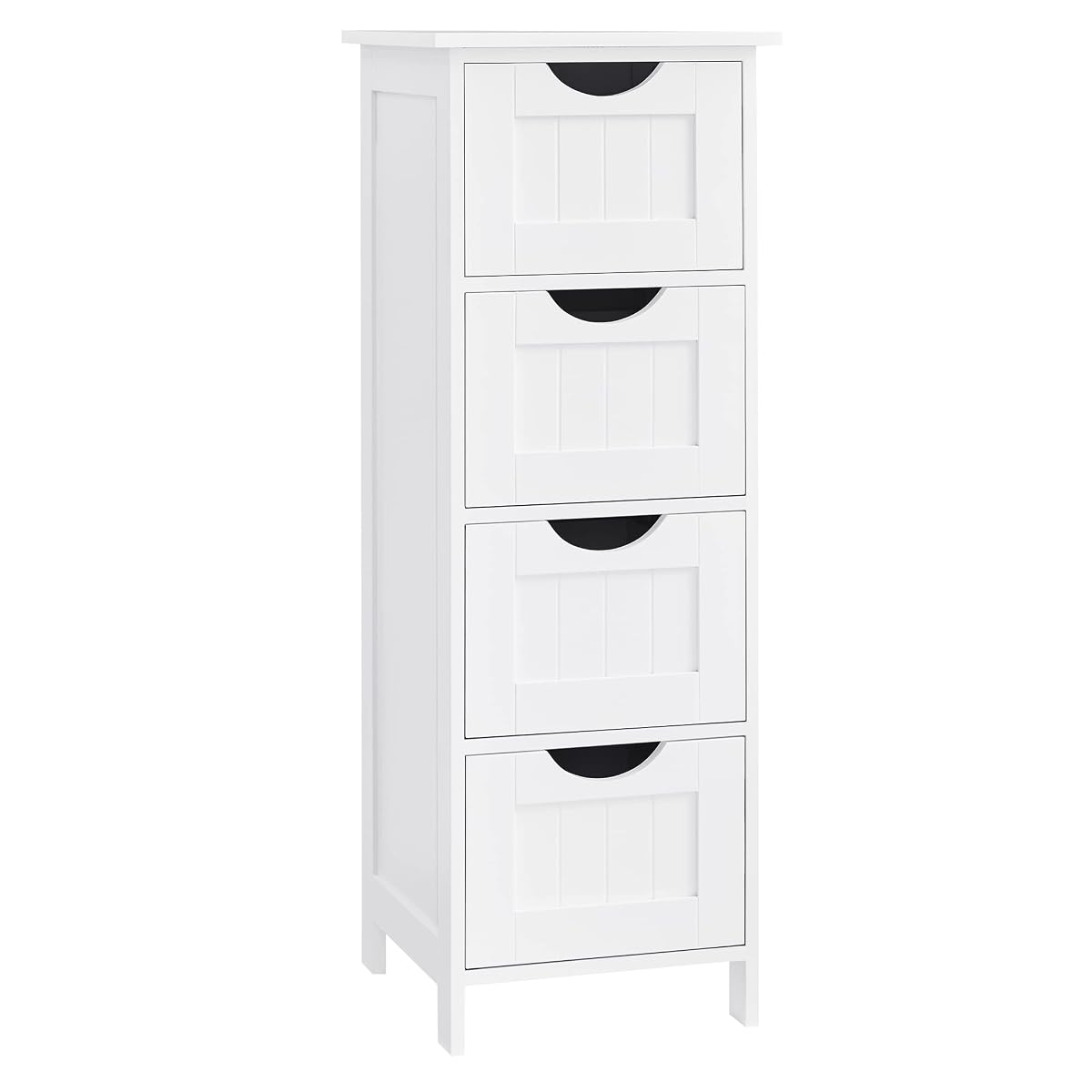 Armoire de salle de bain blanche à quatre tiroirs, format étroit et pieds fins