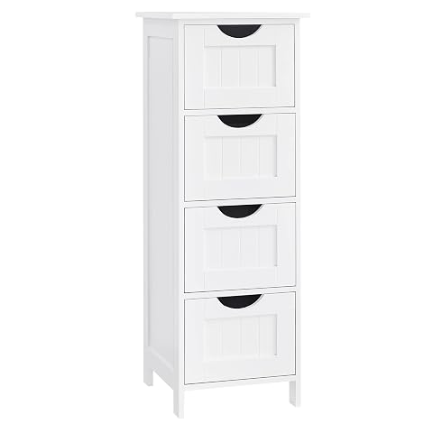 Armoire de salle de bain blanche à quatre tiroirs, format étroit et pieds fins