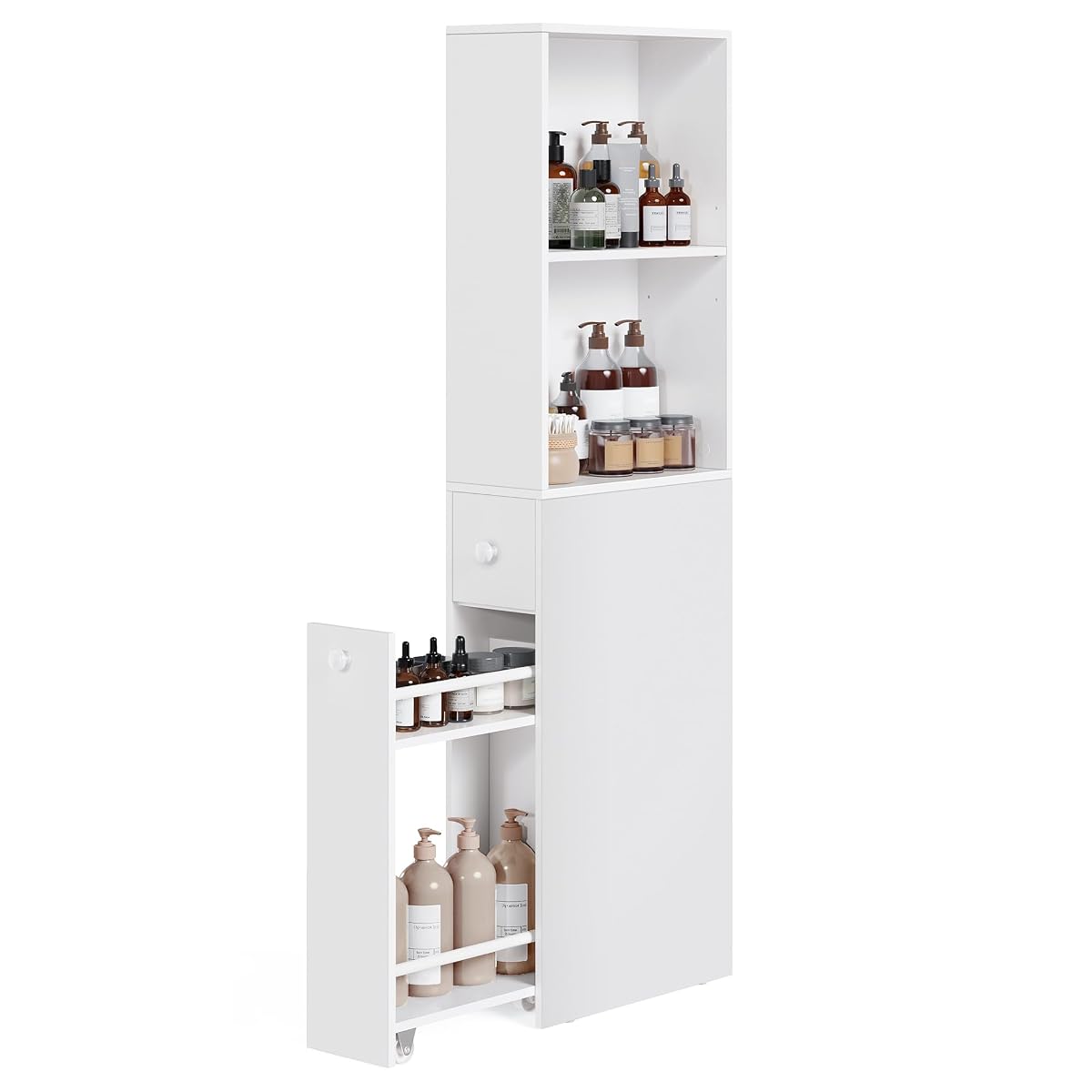 Armoire haute blanche à deux niches et deux tiroirs dans une salle de bain lumineuse