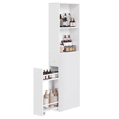 Armoire haute blanche à deux niches et deux tiroirs dans une salle de bain lumineuse