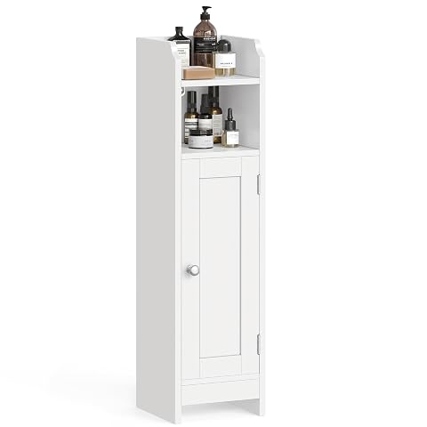 Armoire d’angle blanche à porte et étagères réglables dans une salle de bains claire