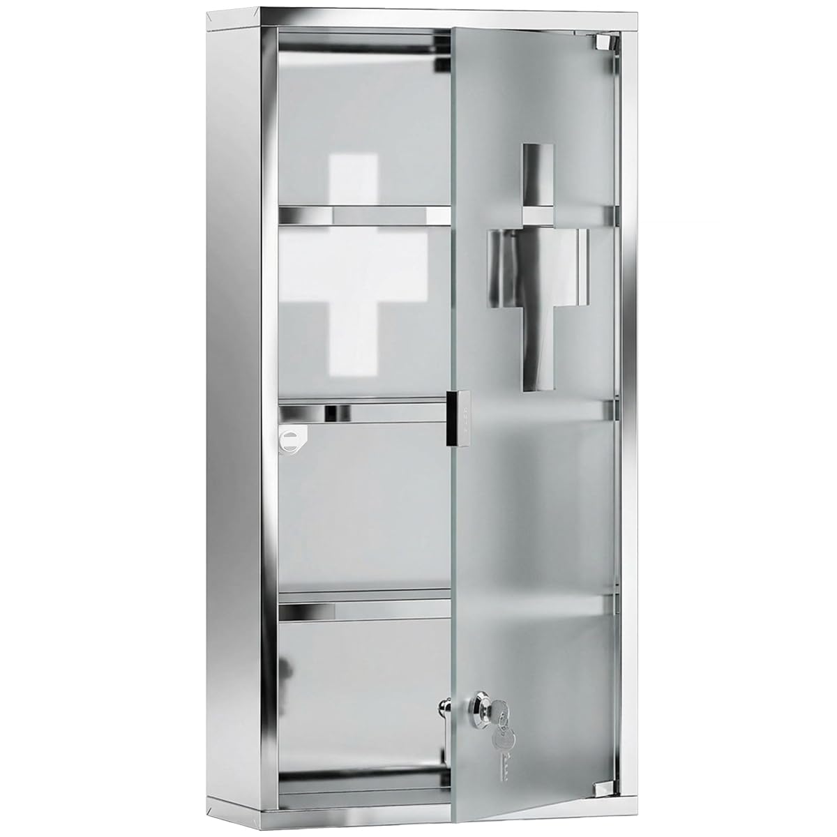 Armoire à pharmacie murale en acier inoxydable avec porte dépoli et symbole de croix