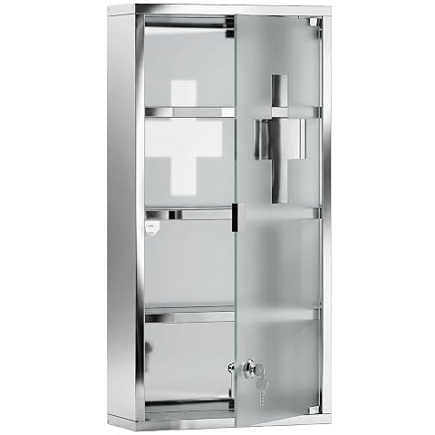 Armoire à pharmacie murale en acier inoxydable avec porte dépoli et symbole de croix