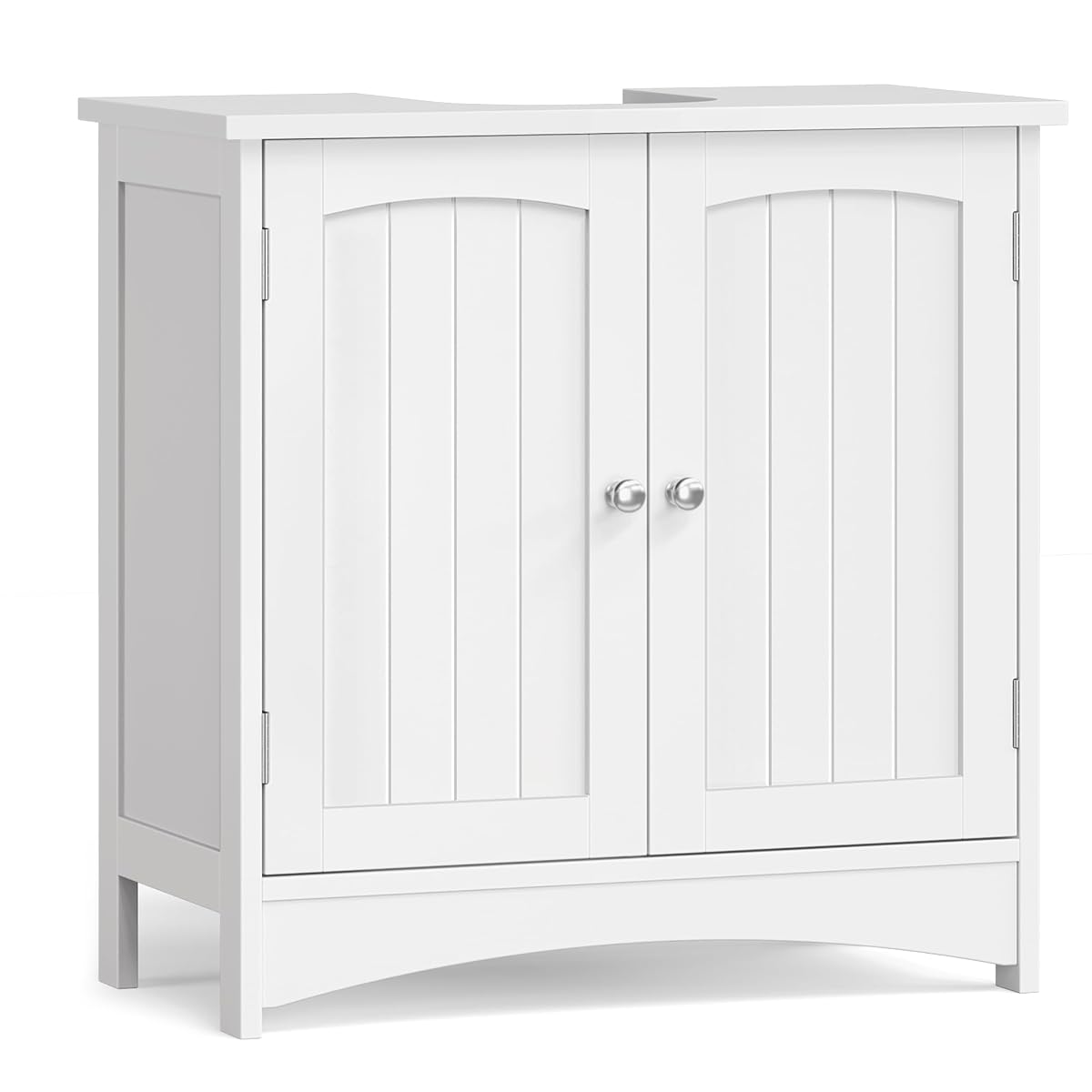 Meuble sous lavabo blanc à deux portes, installé sous une vasque en pierre claire.