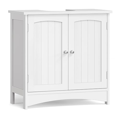 Meuble sous lavabo blanc à deux portes, installé sous une vasque en pierre claire.