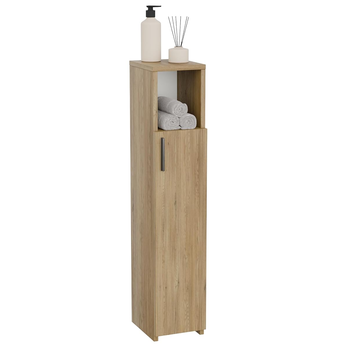 Colonne de salle de bain étroite en finition chêne avec étagère ouverte et compartiment fermé