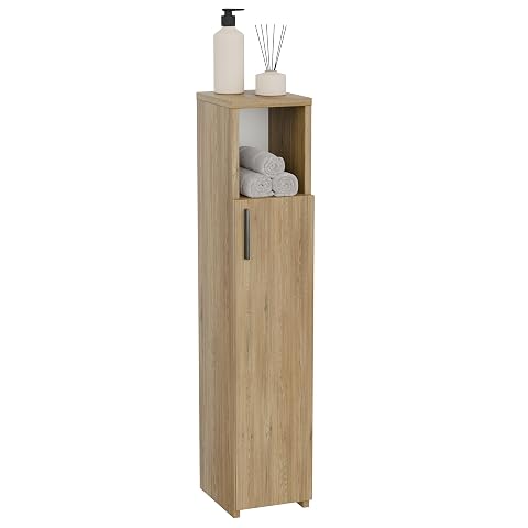 Colonne de salle de bain étroite en finition chêne avec étagère ouverte et compartiment fermé