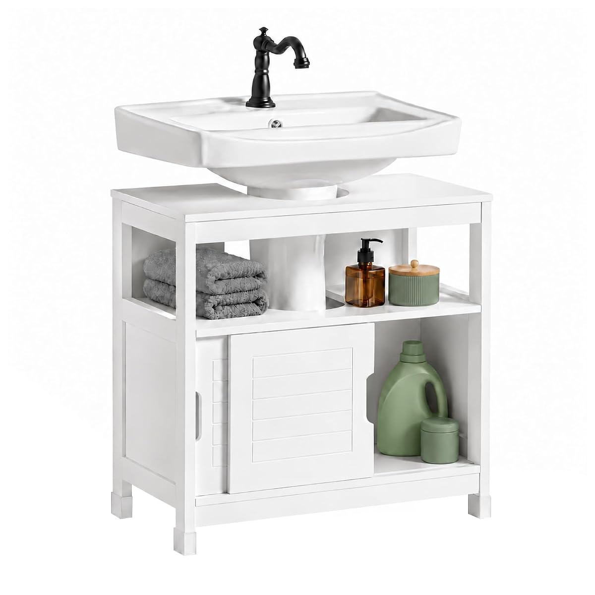 Meuble sous lavabo blanc à deux portes coulissantes et niche ouverte, installé sous une vasque