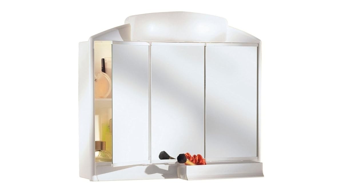 Armoire de toilette Jokey blanche à trois portes miroir, deux tiroirs et éclairage intégré