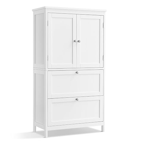 Armoire de salle de bain blanche à deux portes et deux tiroirs, avec étagère réglable et base surélevée.