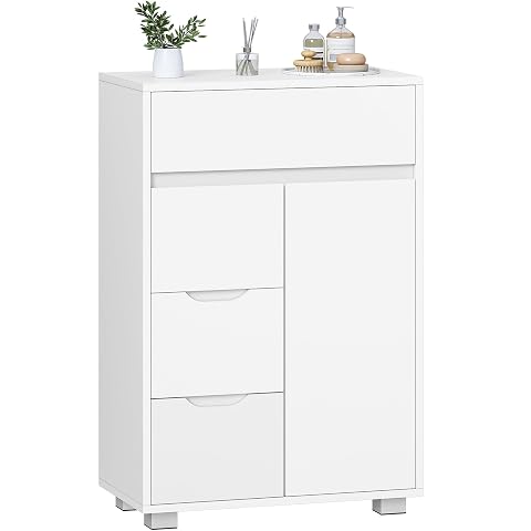 Armoire basse blanche avec quatre tiroirs et une porte dans une salle de bain lumineuse