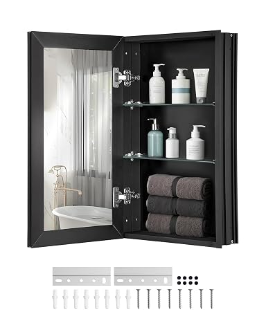 Armoire de toilette Vevor à cadre noir et porte miroir, avec deux étagères en verre visibles