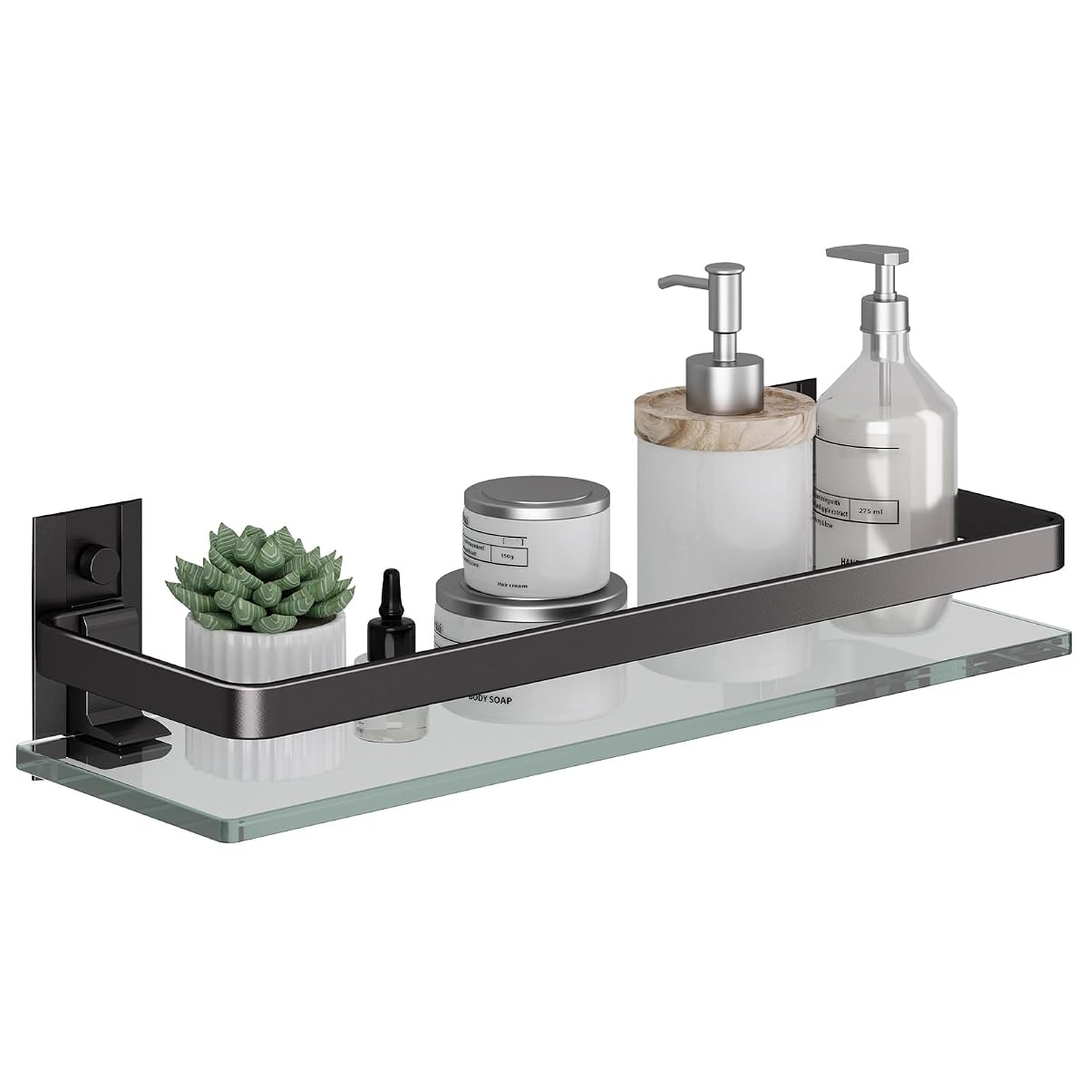 Étagère murale en verre transparent avec rail noir, installée au-dessus d’une vasque claire.
