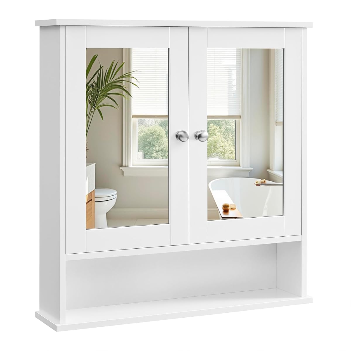 Armoire murale blanche à deux portes-miroir, avec étagère réglable et compartiment ouvert inférieur.