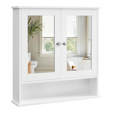 Armoire murale blanche à deux portes-miroir, avec étagère réglable et compartiment ouvert inférieur.