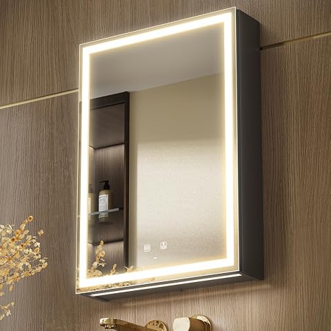 Armoire à pharmacie murale avec miroir LED, rangements en verre, prise et port USB intégrés