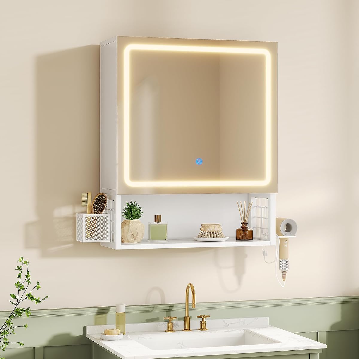 Armoire de toilette blanche avec miroir LED, tablette ouverte, panier et support pour sèche-cheveux