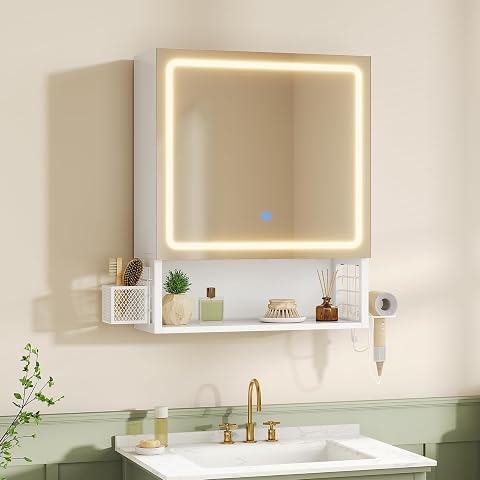 Armoire de toilette blanche avec miroir LED, tablette ouverte, panier et support pour sèche-cheveux