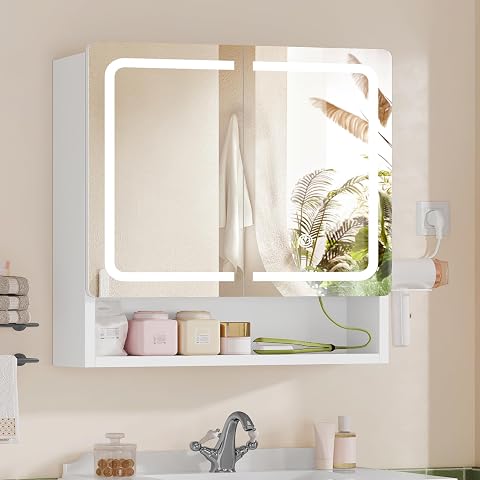 Armoire de toilette blanche à deux portes miroir, éclairage LED, prises et rangement mural ajustable
