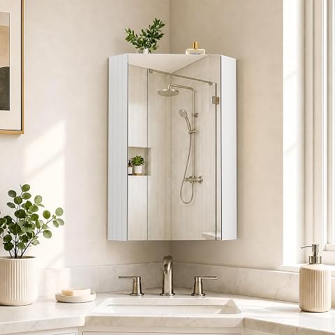 Armoire de toilette d’angle blanche suspendue, avec porte miroir, dans une salle de bain lumineuse