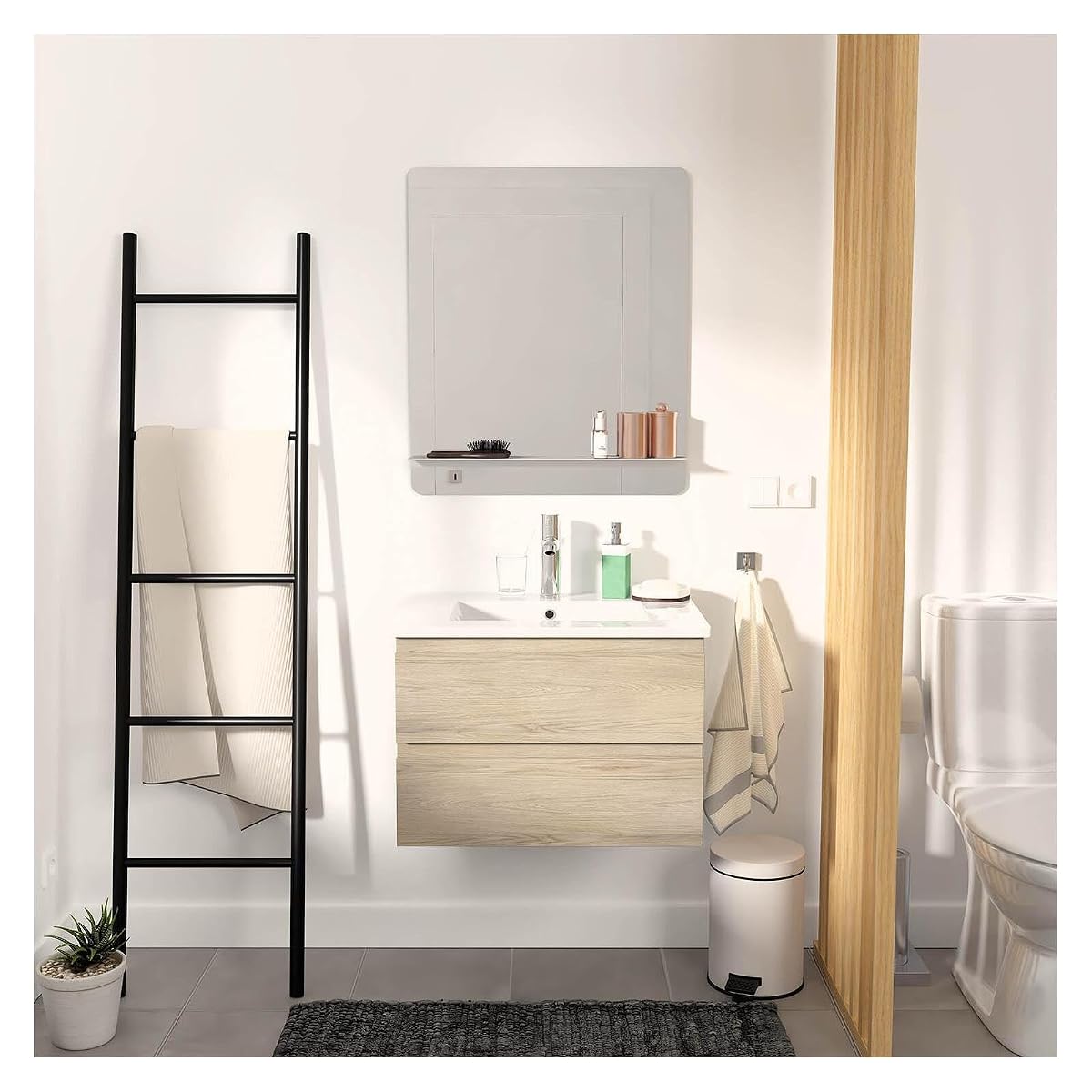 Meuble sous vasque Sorrento au décor chêne, avec deux tiroirs et une vasque blanche en céramique.