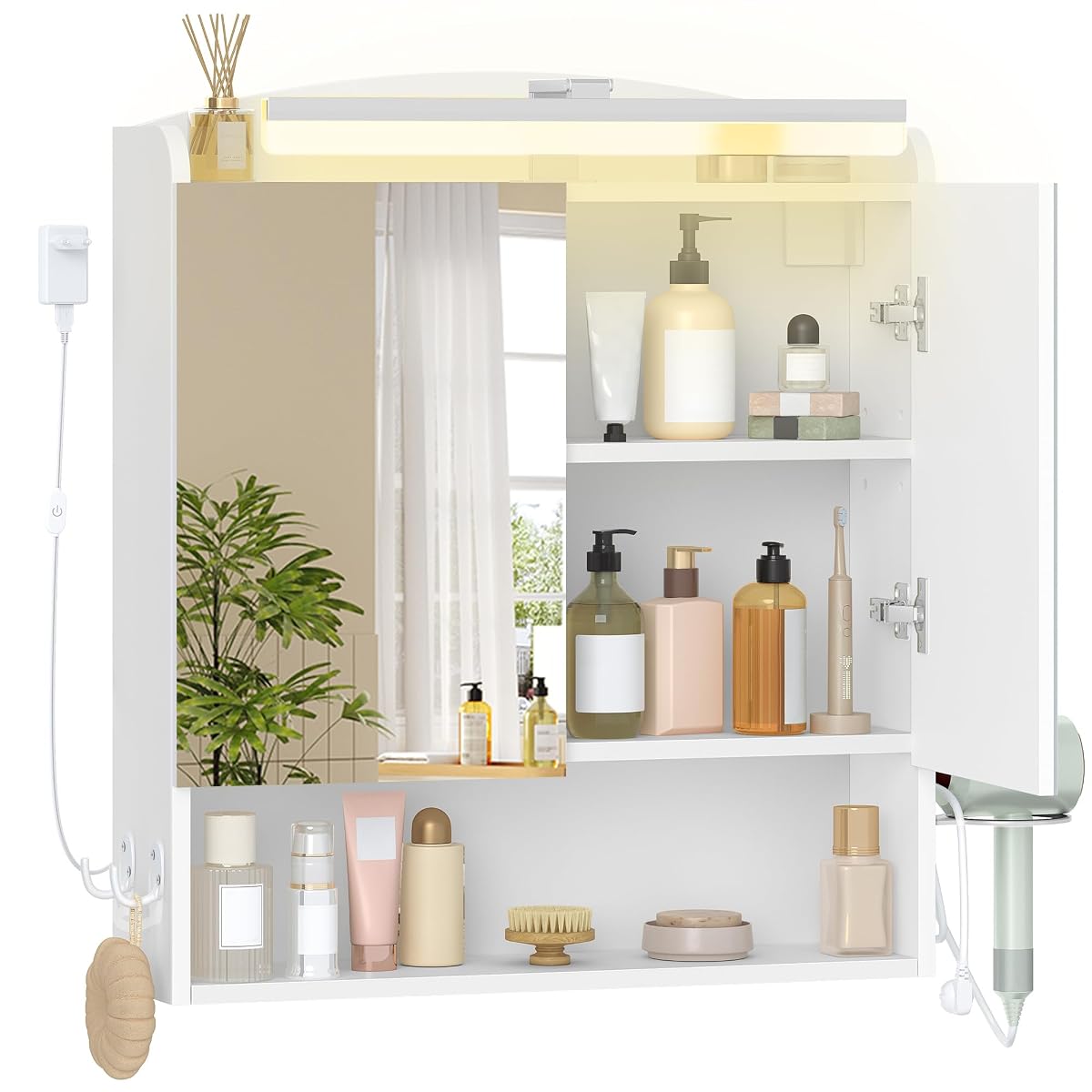 Armoire murale blanche avec deux portes miroir et éclairage LED au-dessus d’une vasque claire.