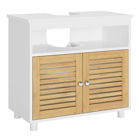 Meuble sous vasque blanc avec deux portes persiennées en bambou et un compartiment ouvert