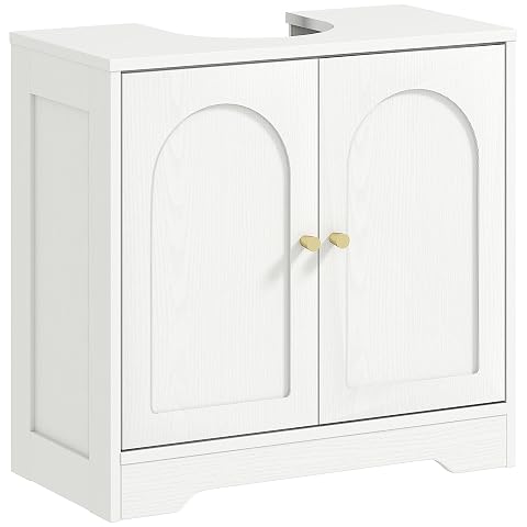 Meuble sous vasque blanc à portes arquées et poignées dorées, installé sous un lavabo en pierre claire.