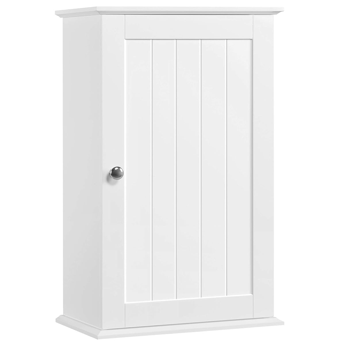 Armoire murale blanche à porte persienne et étagères réglables dans une salle de bain claire
