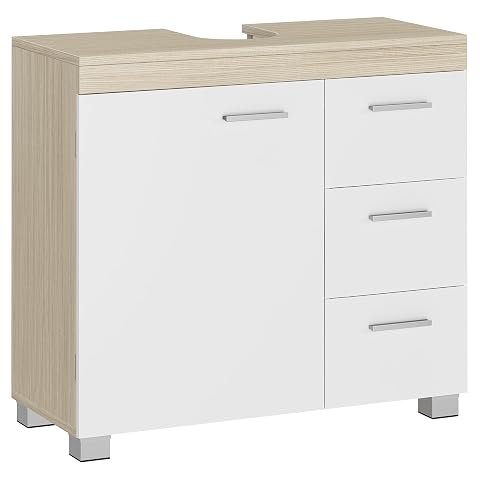 Meuble sous lavabo blanc et beige avec trois tiroirs, porte et pieds courts dans une salle de bain claire