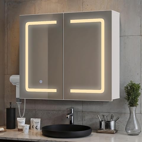 Armoire de toilette blanche à deux portes miroir avec éclairage LED, au-dessus d’une vasque claire.
