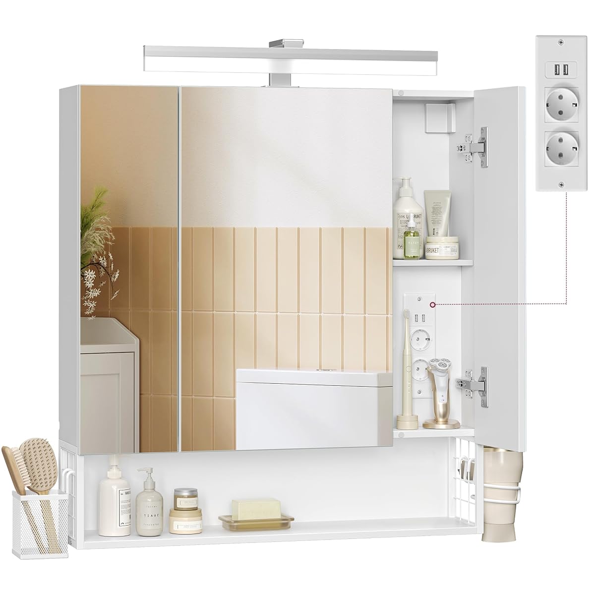 Armoire de toilette murale à trois portes miroir, éclairage LED, étagère ouverte et accessoires